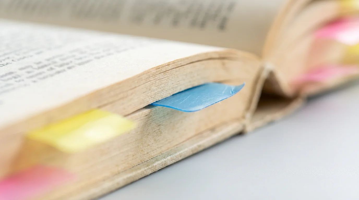 A macro photograph of colorful sticky tabs marking important pages in a book.