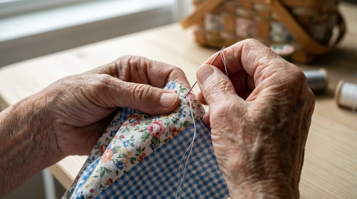 A macro photograph of hands carefully hand-sewing the first stitch into quilting fabric.