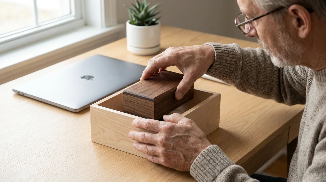 A man at a desk places one wooden box inside another, symbolizing business structures.