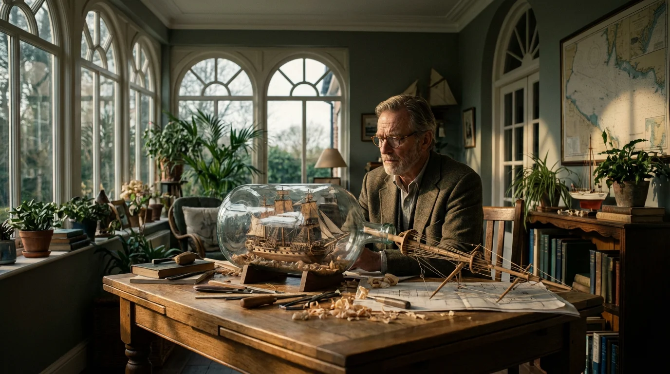A man contemplates a complex ship-in-a-bottle model, symbolizing avoiding retirement tax mistakes.