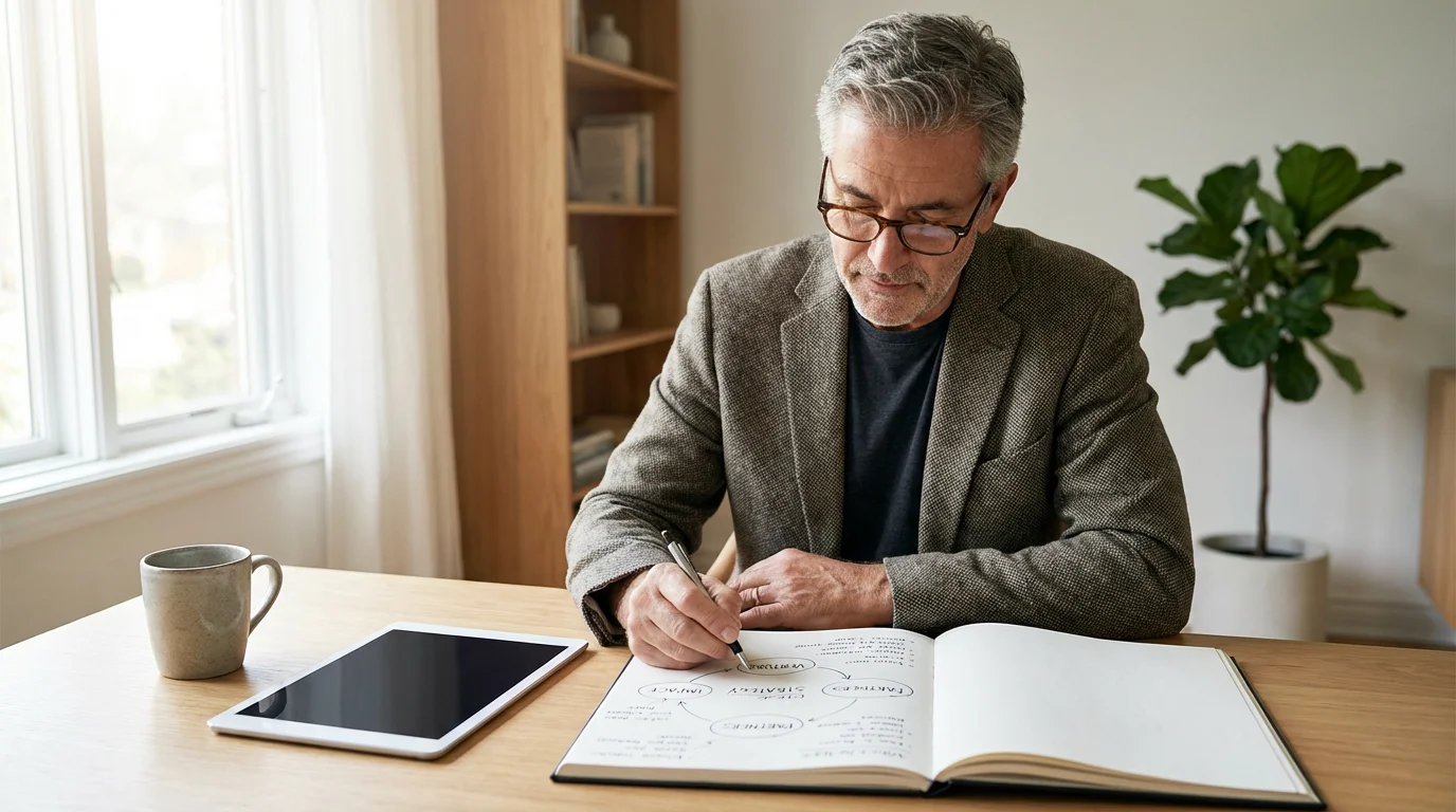 A man in his 60s at a desk with a notebook, planning a second career.