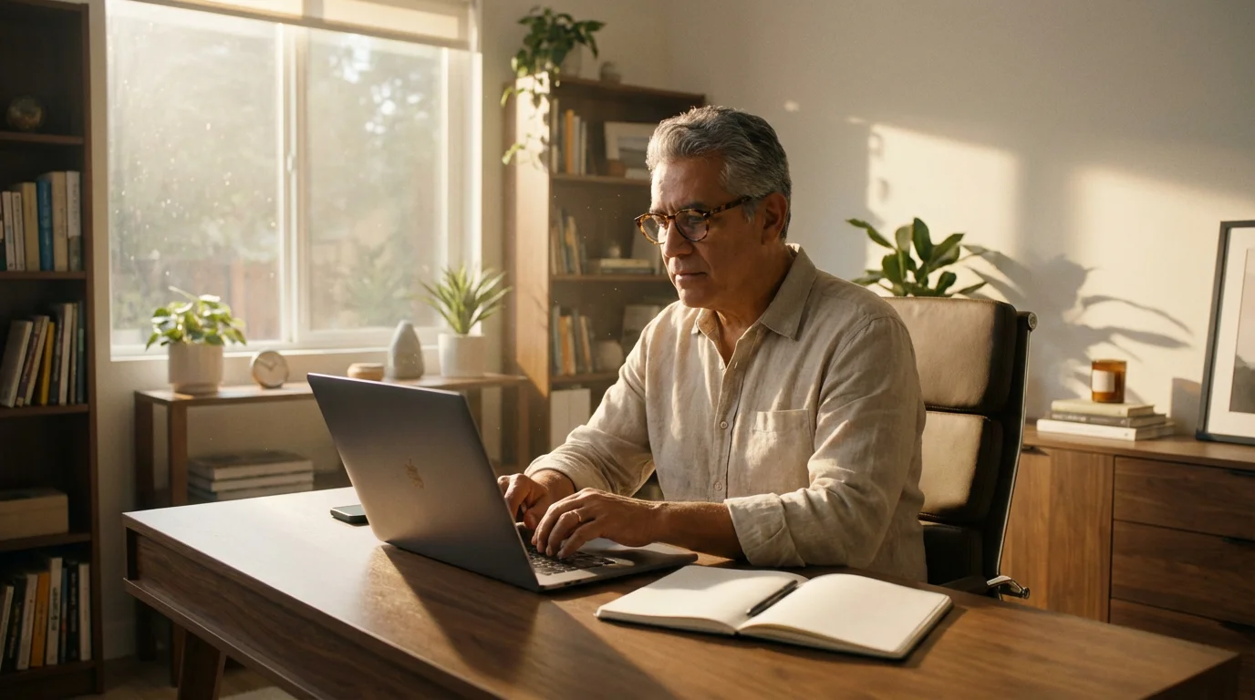 A man in his 60s studying at a sunlit desk for a new career.