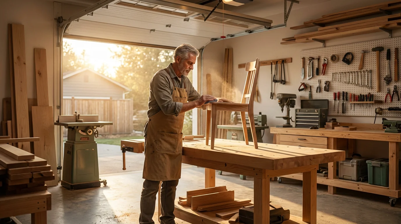 A man in his late 60s crafting wooden furniture in his sunlit workshop.
