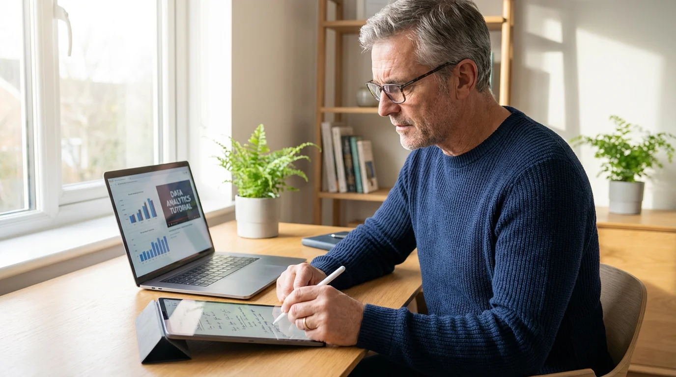 A man in his late fifties upskilling by taking an online course at home.