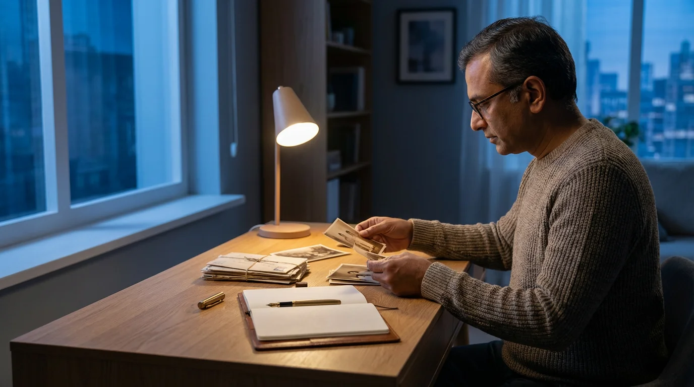 A man organizes old photos and letters on a desk with an empty journal.