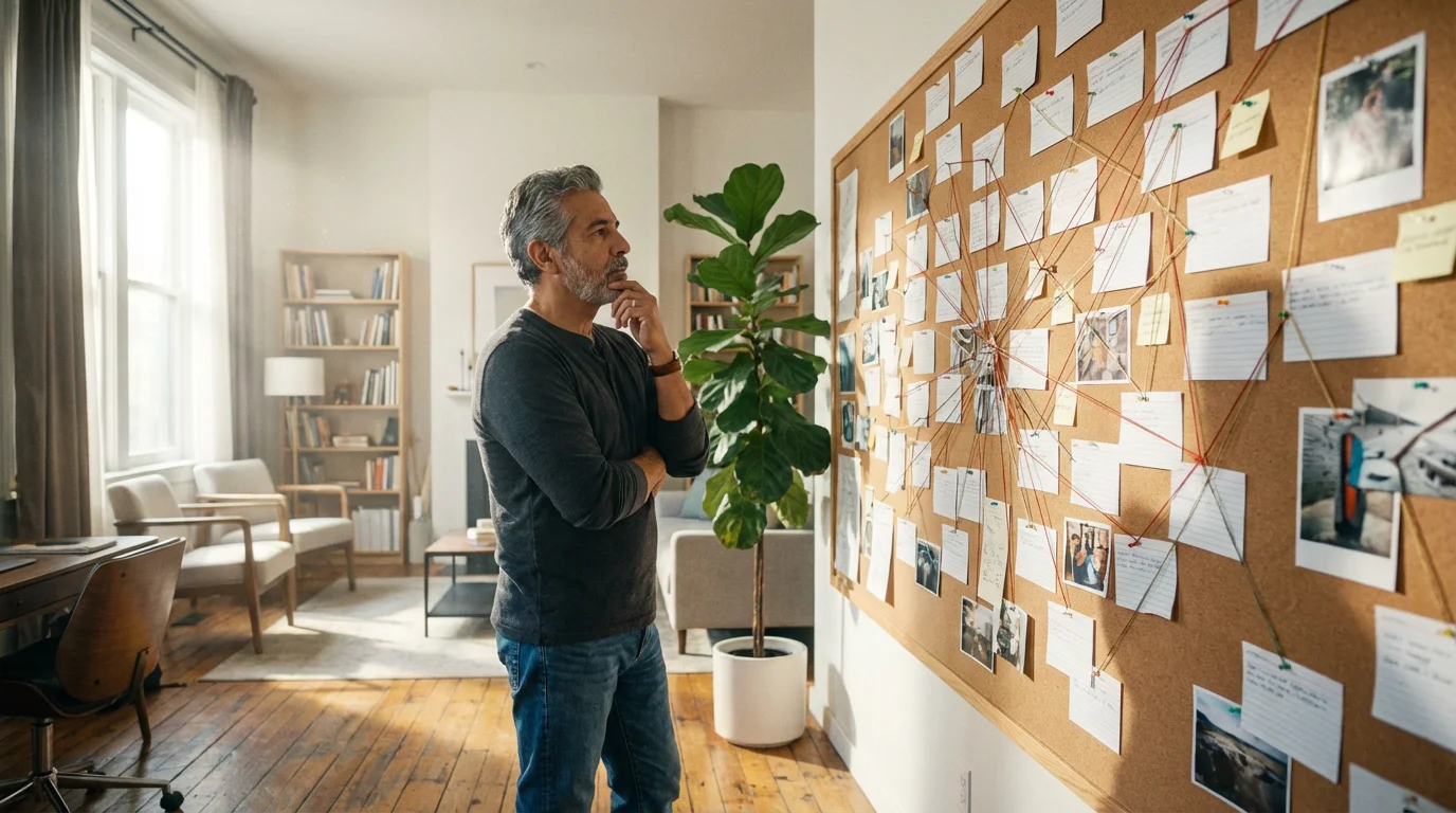 A man stands in a sunlit room, structuring a story on a large corkboard.