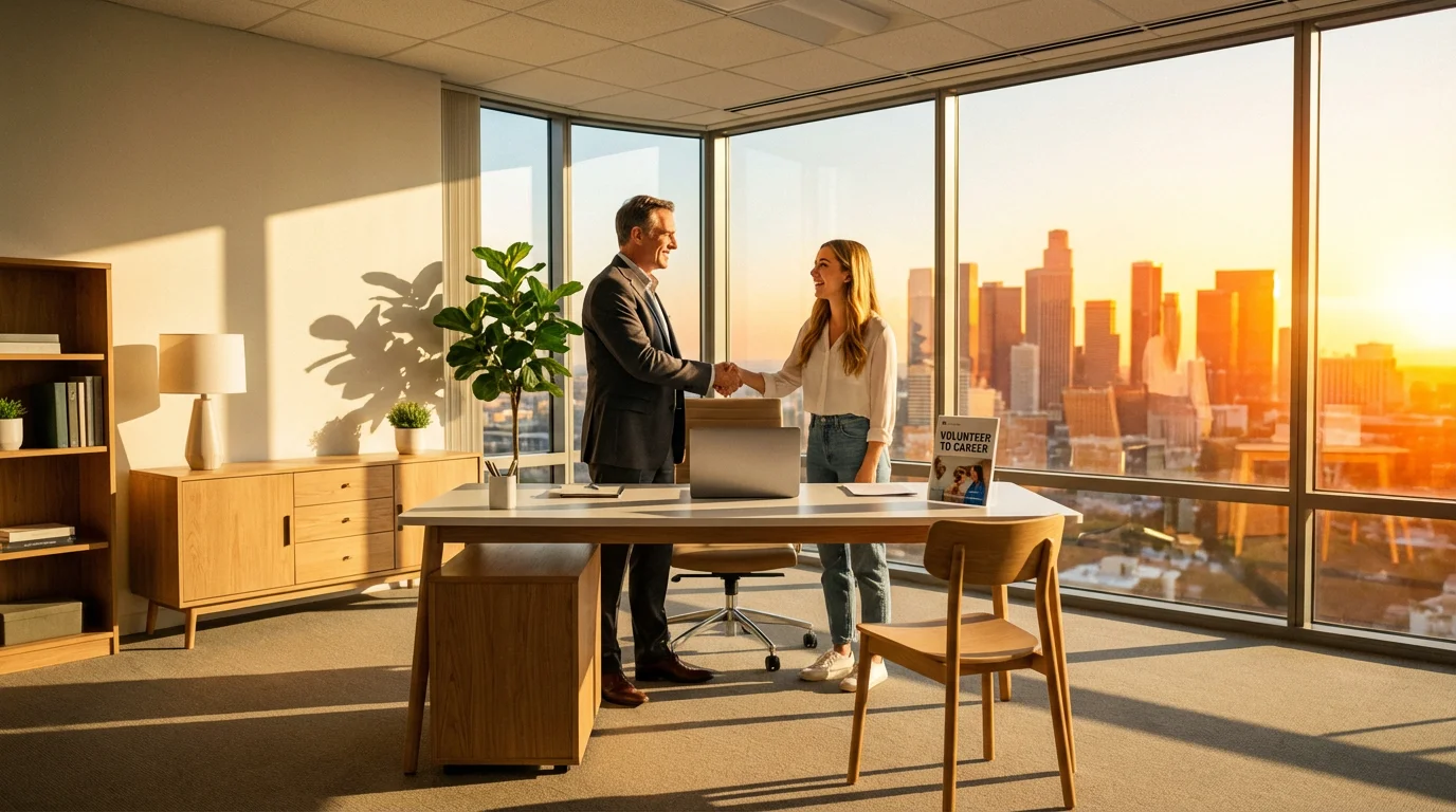 A manager shaking hands with a new young employee in a corner office at sunset.