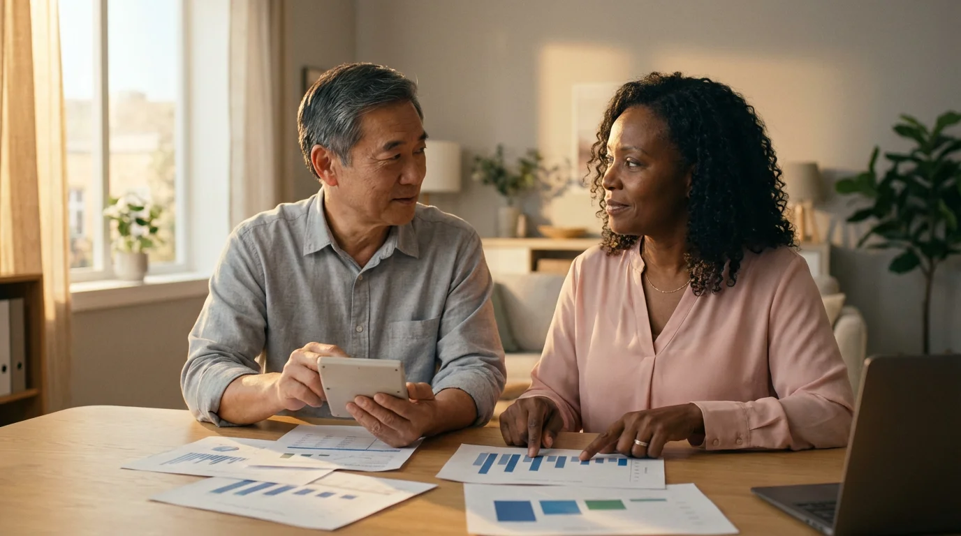 A mature couple at a desk reviewing financial documents with charts during golden hour.