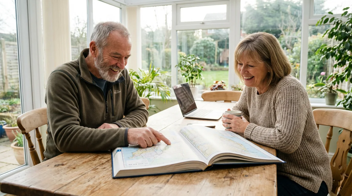 A mature couple at a table, happily planning a cross-country road trip with maps.