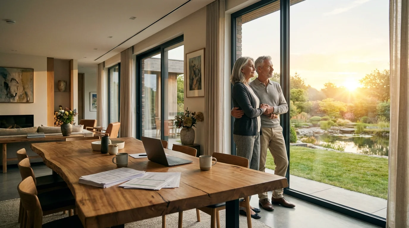 A mature couple contemplates their future by a window after planning for their retirement.