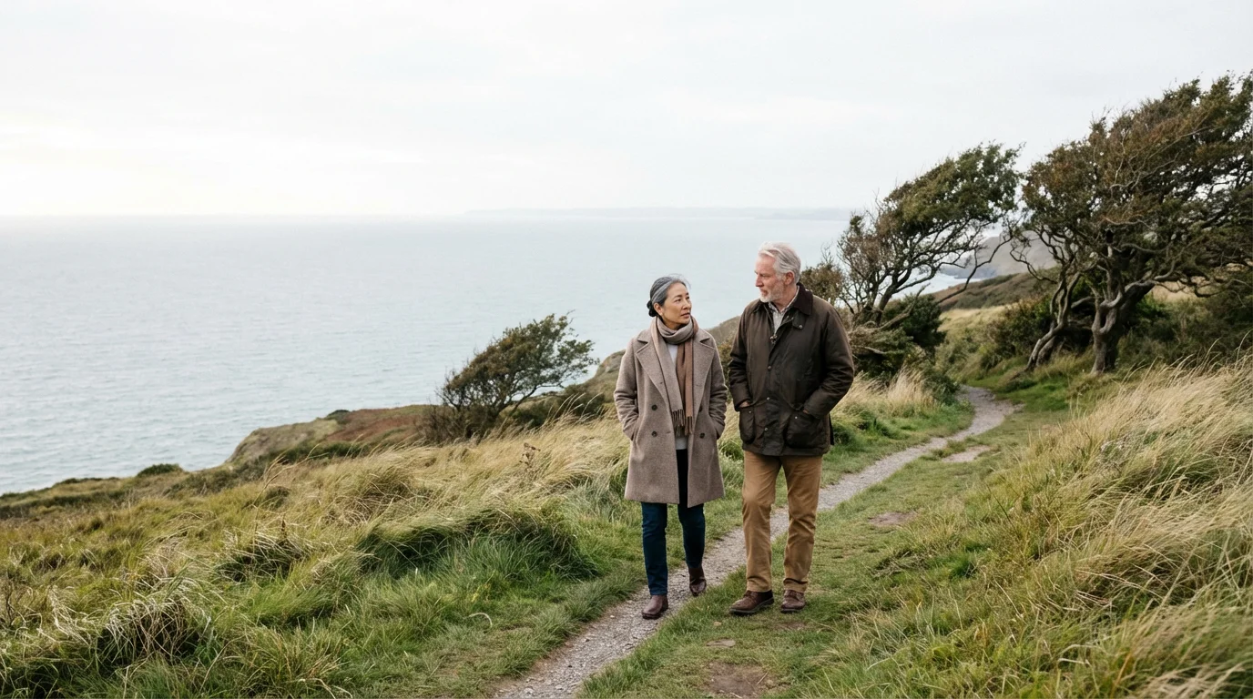 A mature couple in thoughtful conversation walking on a scenic coastal path by the ocean.