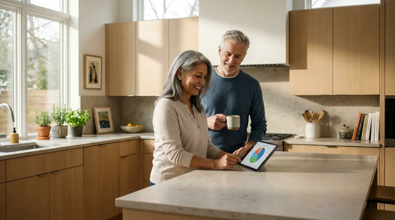 A mature couple reviews a chart on a tablet in their bright, modern kitchen.