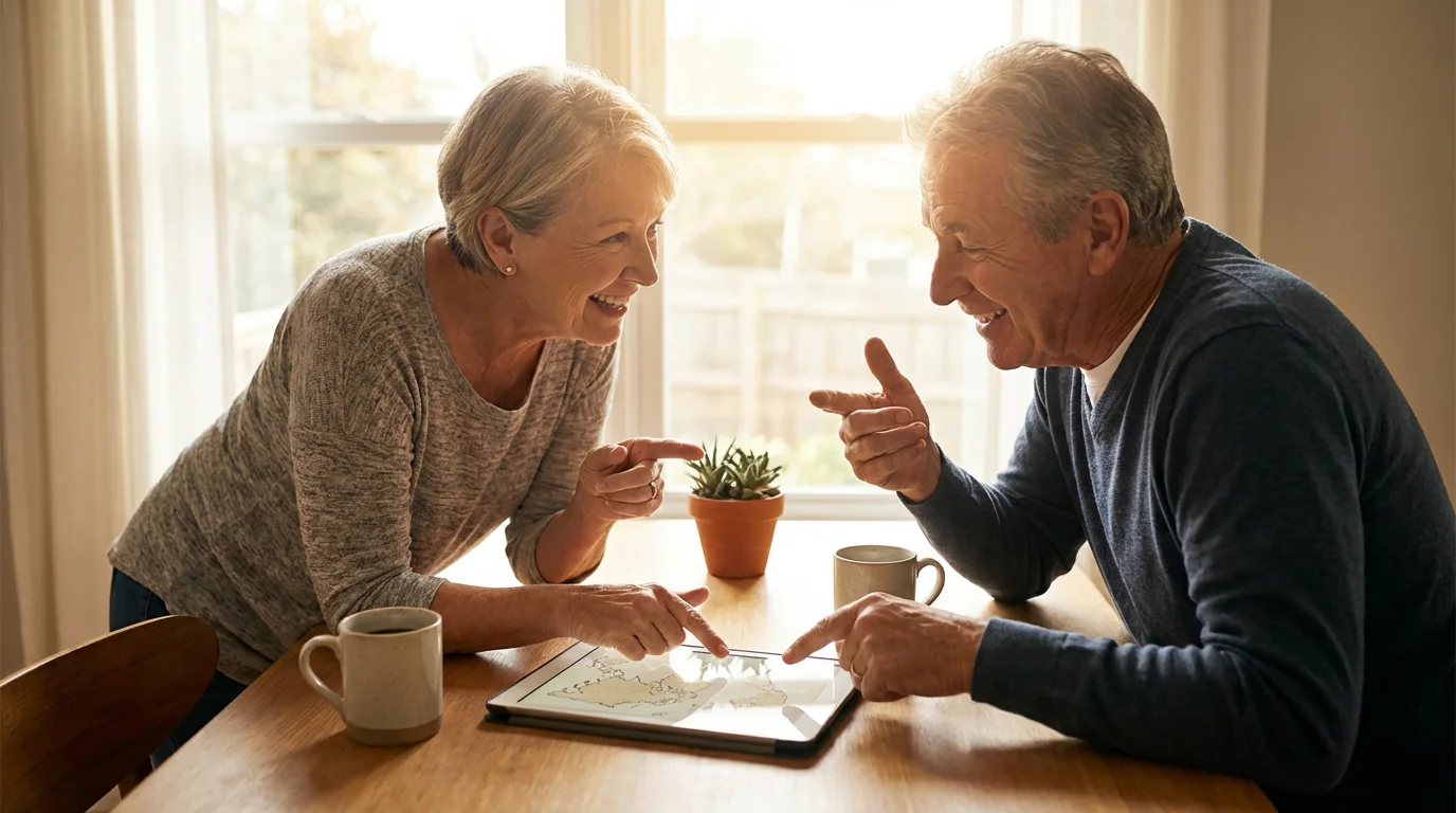 A mature couple sits at a sunlit table, happily planning a trip on a tablet.