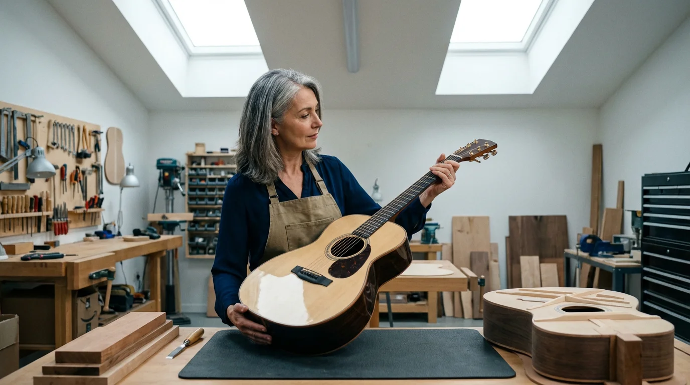 A mature female luthier inspects a handmade guitar in her bright, professional workshop.