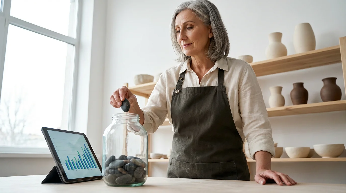 A mature female potter symbolically adds to her retirement savings in her modern studio.