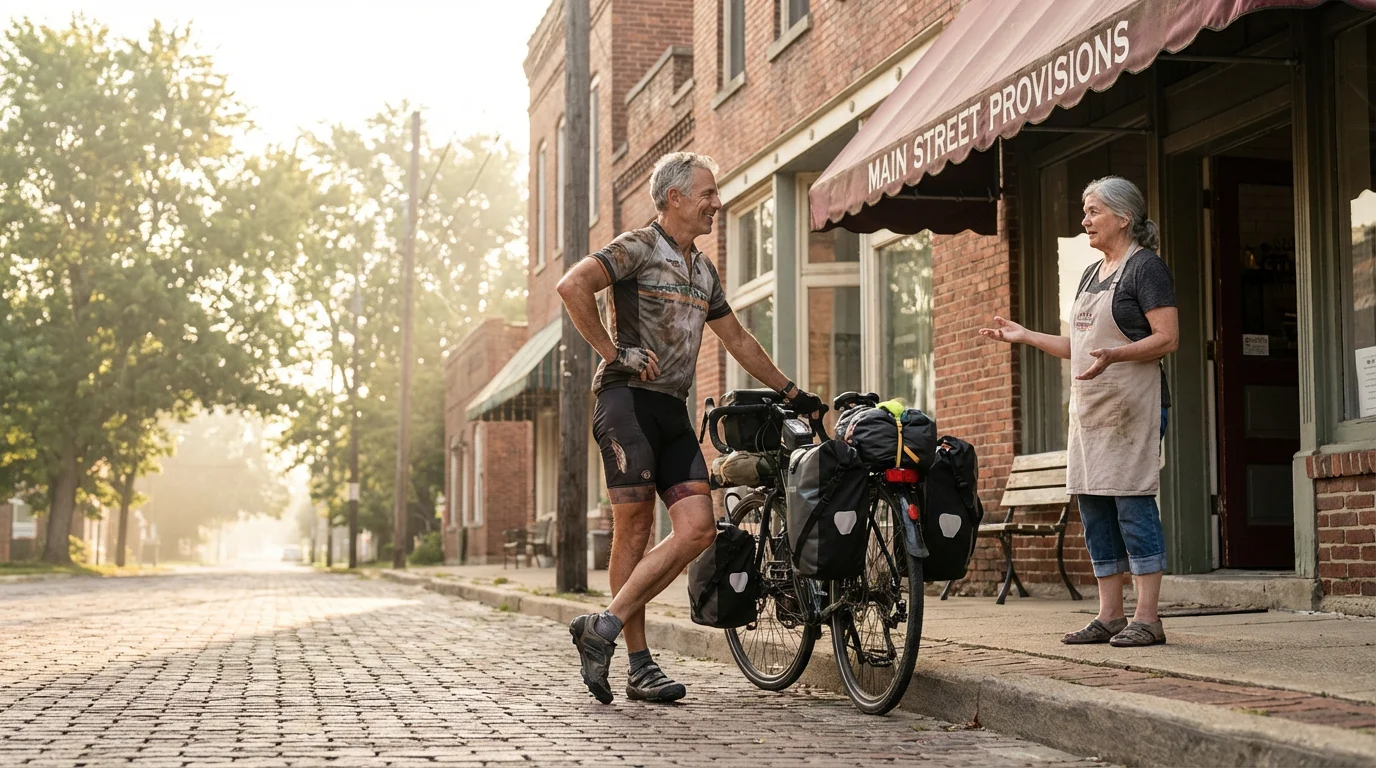 A mature male cyclist talks with a friendly local woman in a quiet small town.