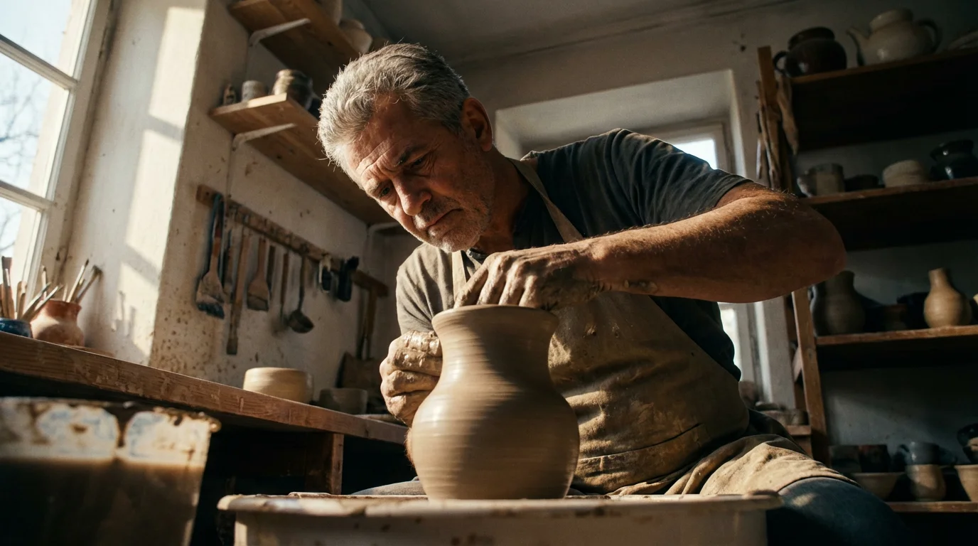 A mature man in a pottery studio focused on shaping a clay vase.