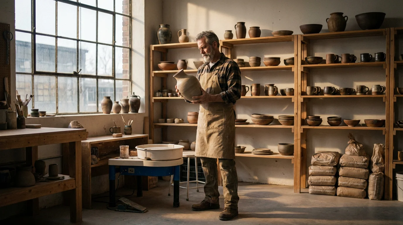 A mature potter in their sun-drenched studio surrounded by finished ceramic pieces.