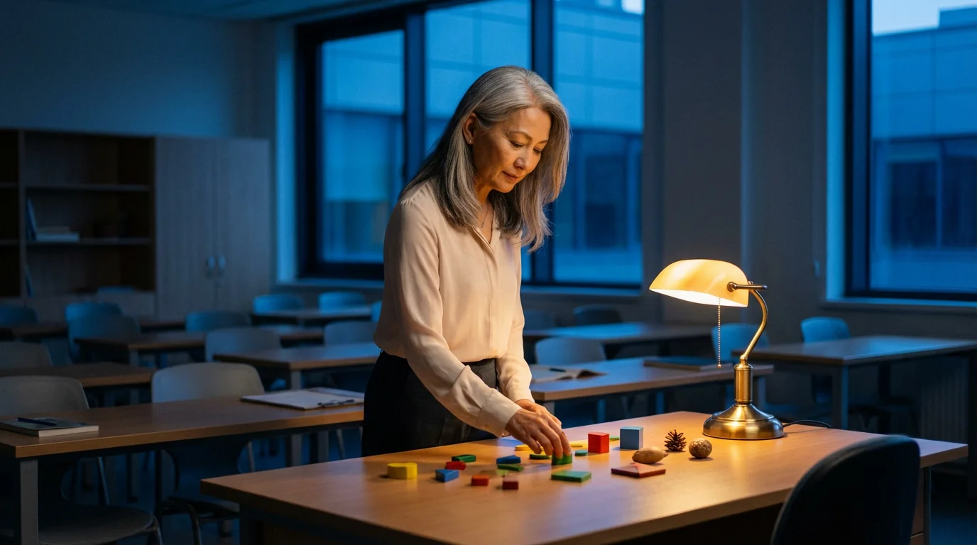 A mature teacher thoughtfully preparing her desk in a modern classroom at dusk.