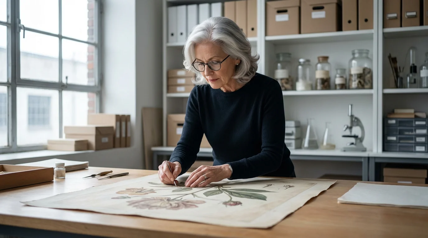 A mature woman in a workshop carefully restoring an antique botanical chart with natural light.