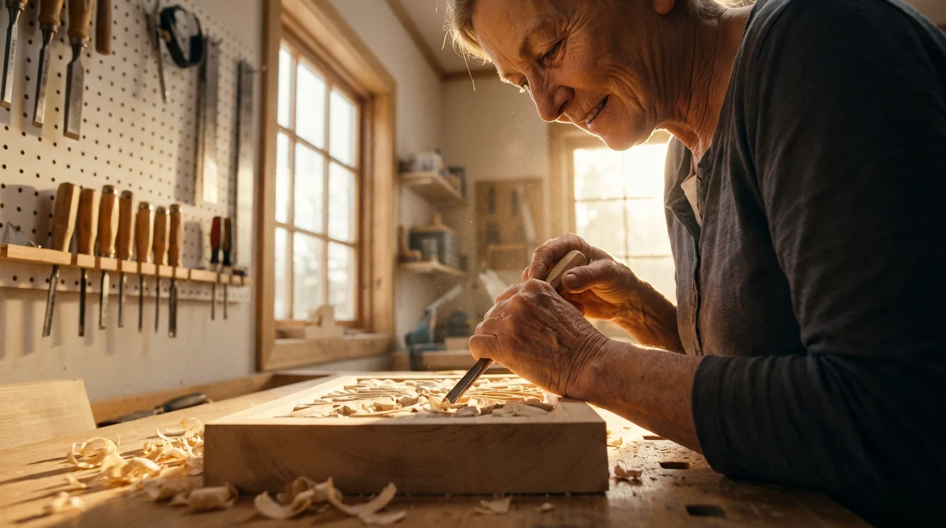 A mature woman in golden hour light carefully woodcarving at her home workbench.