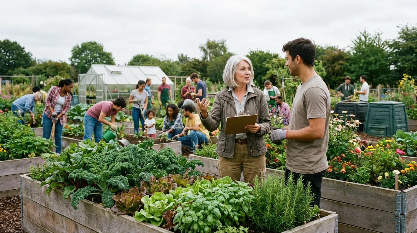 A mature woman leads a community garden project, embodying purpose in a retirement career.
