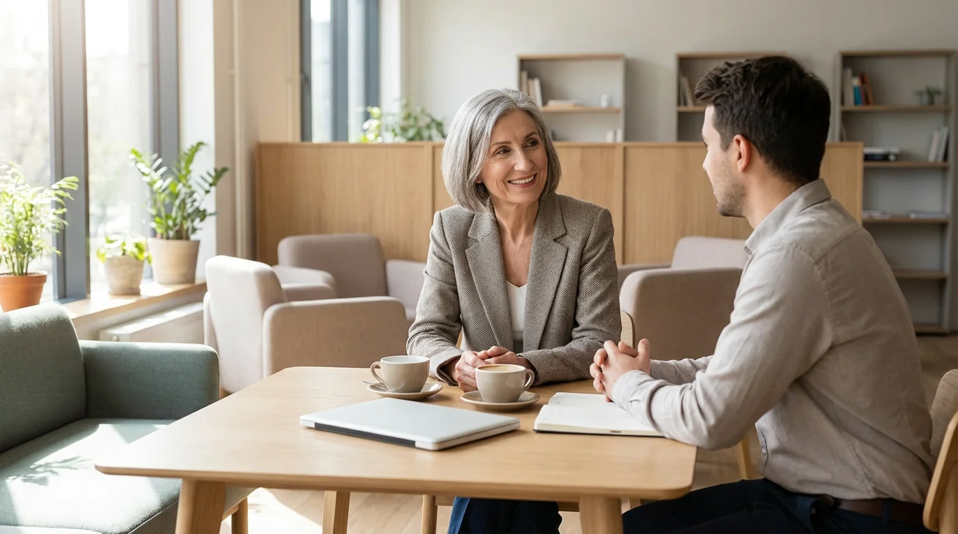 A mature woman networking with a younger colleague over coffee in a modern workspace.