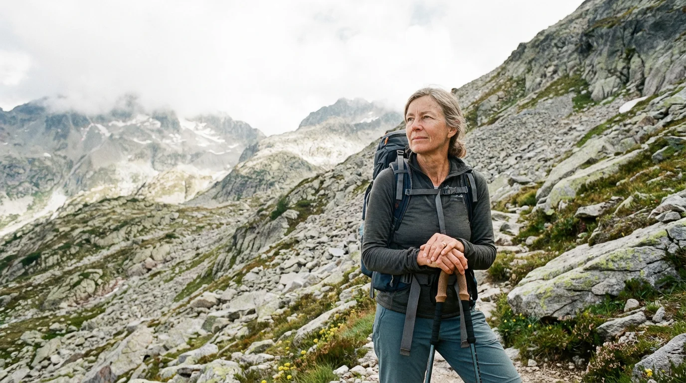 A mature woman pauses while hiking a challenging mountain trail, looking determinedly ahead.