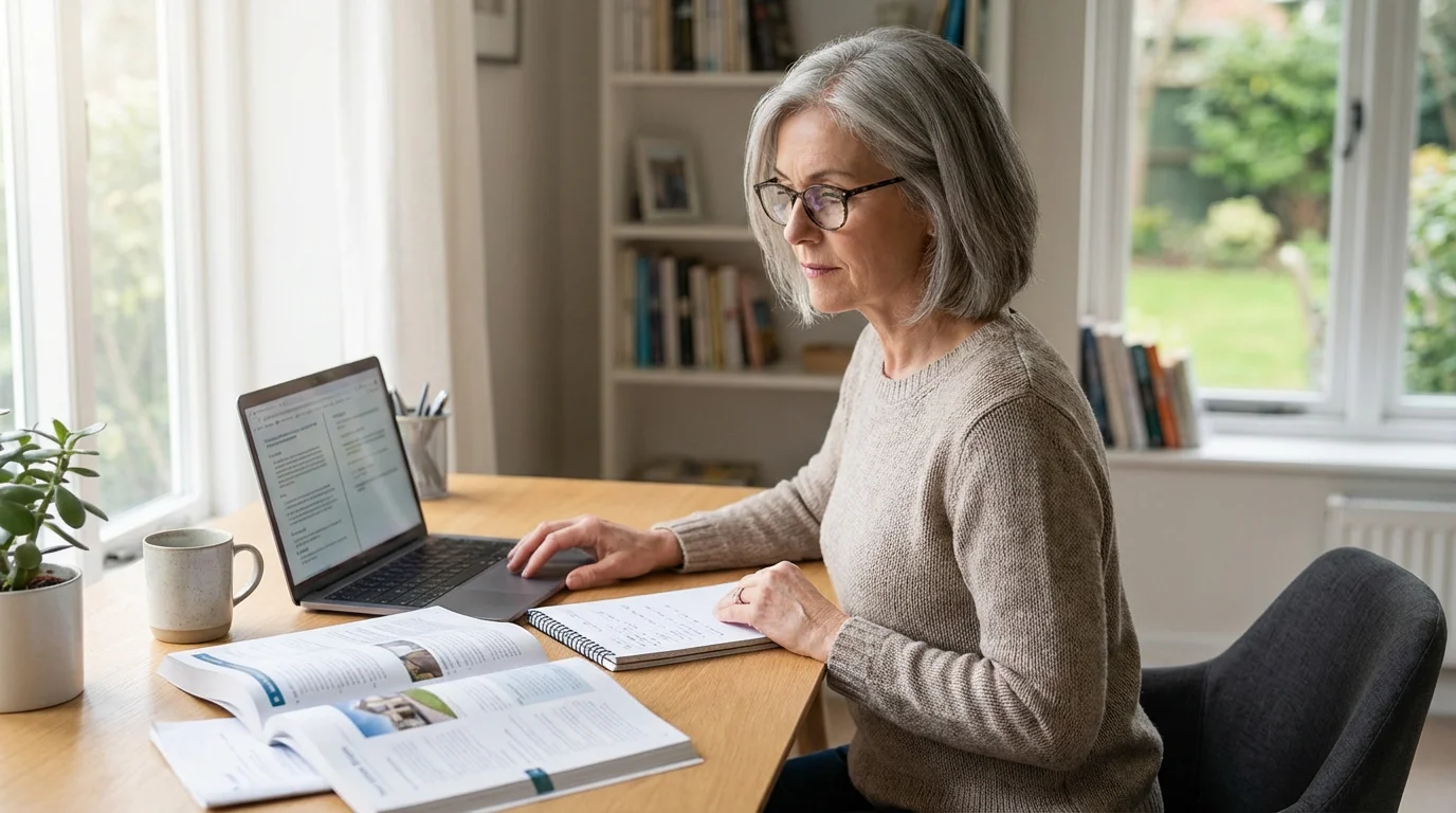 A mature woman studying for a real estate license at her desk.