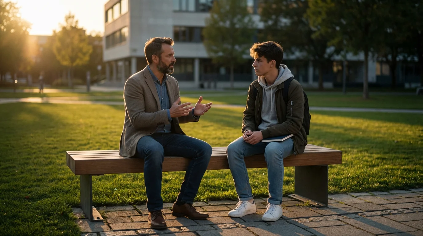A mentor and younger mentee having a serious discussion on a park bench.