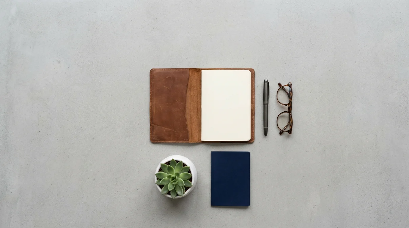 A minimalist flat lay of a journal, passport, and succulent, symbolizing downsizing in retirement.