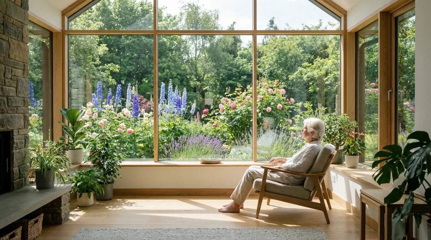 A person relaxes in a sunroom armchair, looking out at a vibrant flower garden.