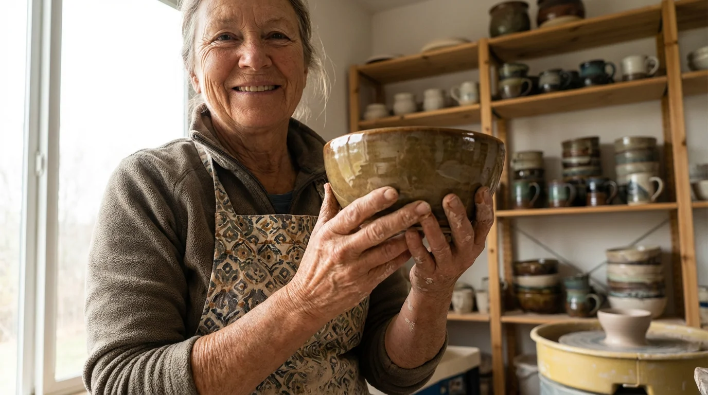 A proud older woman holding a handmade ceramic bowl in a bright pottery studio.