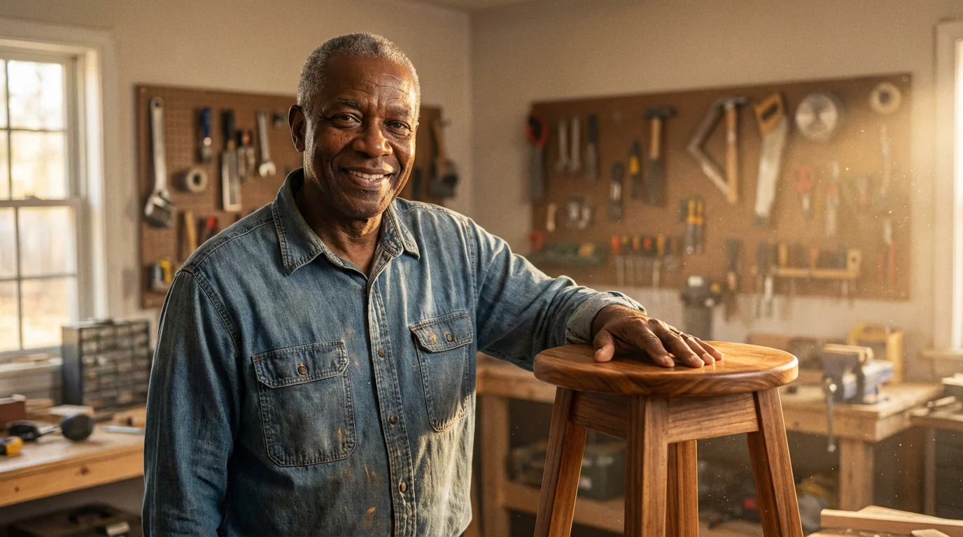 A proud senior man smiling in his workshop next to his handmade wooden stool.