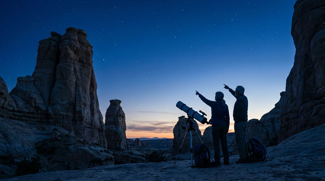 A retired couple silhouetted against a vast desert sky at twilight with a telescope.