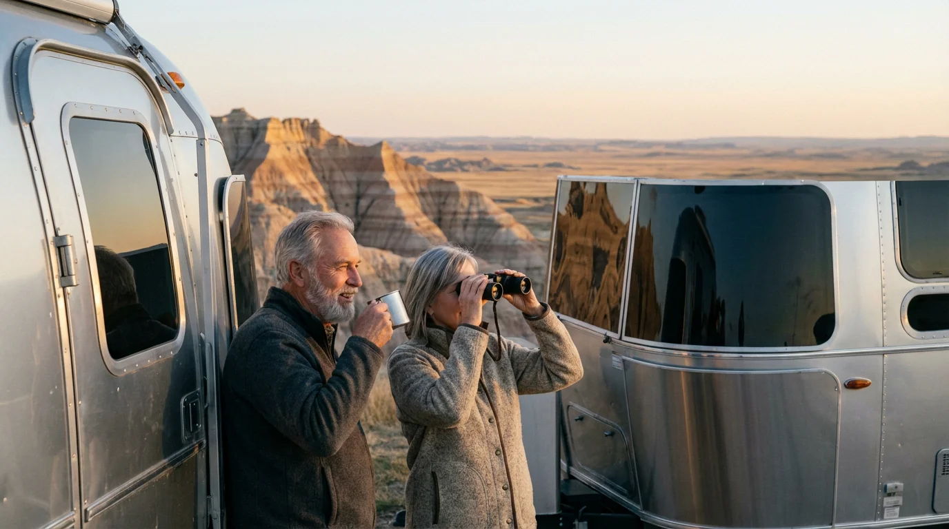 A retired couple with an Airstream trailer enjoys the soft morning light in Badlands National Park.