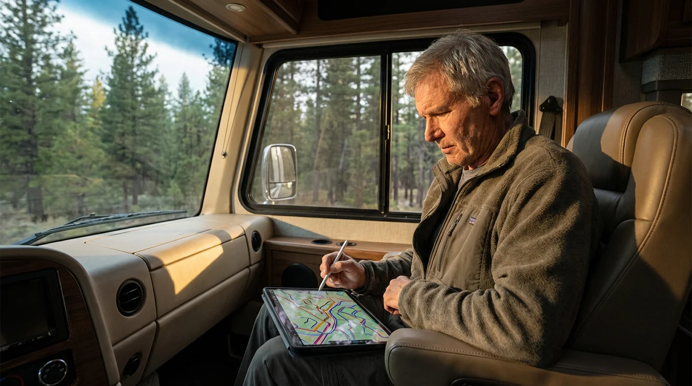 A retired man inside an RV plans his travel route on a digital tablet.
