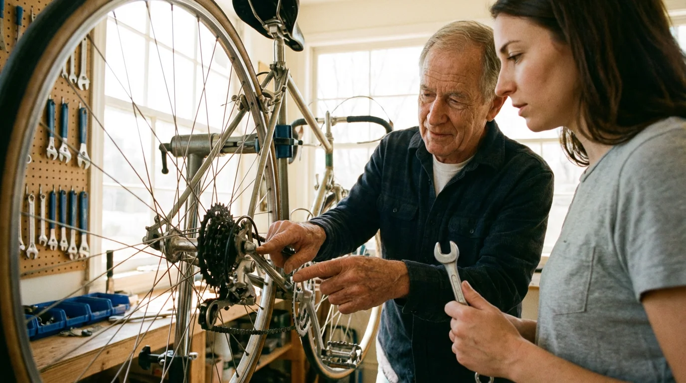 A retired man mentors a younger woman on repairing a bicycle in a workshop.