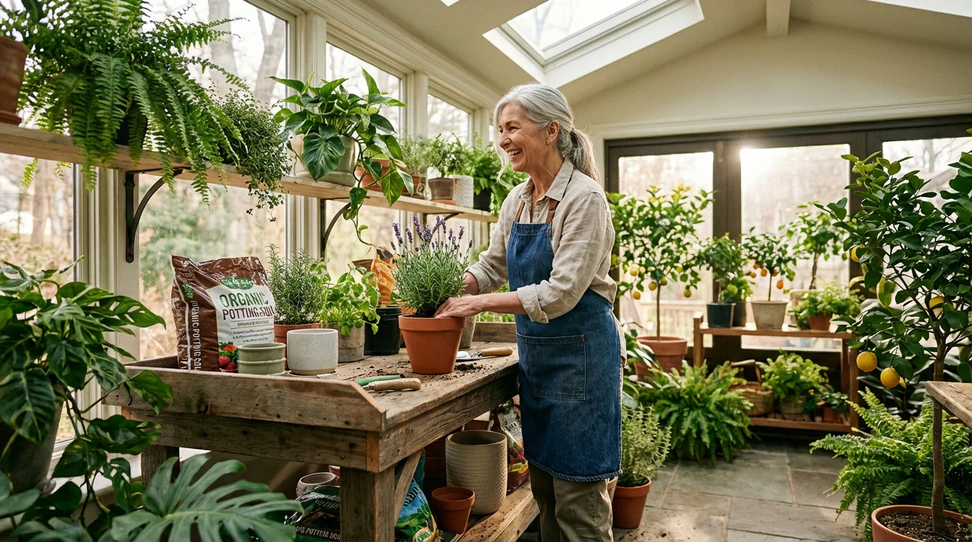 A retired woman happily gardening in a bright, sun-filled home sunroom, potting plants.