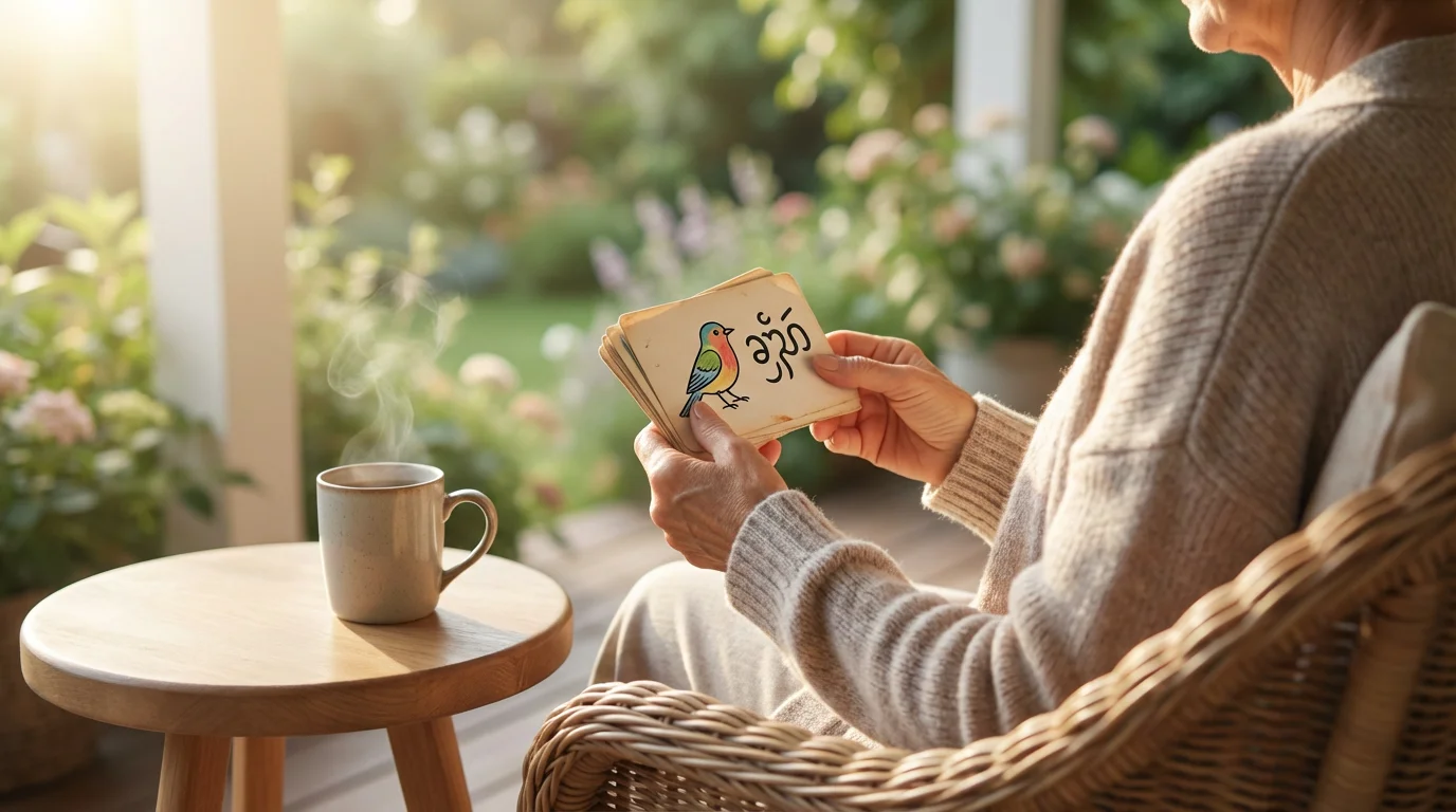 A retired woman on a patio learning a new language with flashcards and coffee.