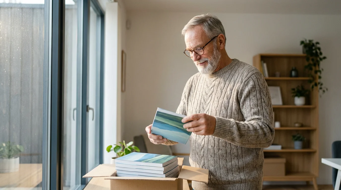 A senior author with a proud expression unboxing his newly published books by a window.