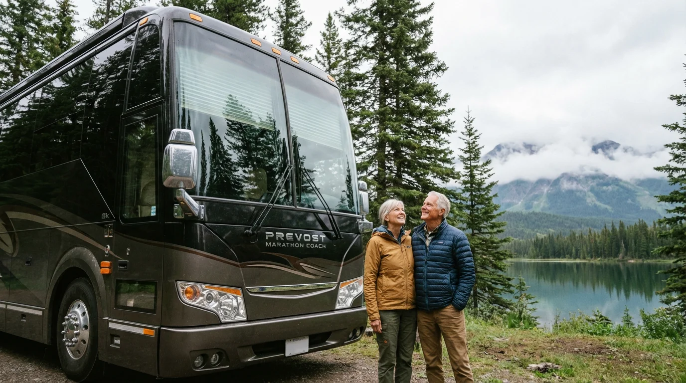 A senior couple admiring their large, modern Class A motorhome at a lakeside campsite.