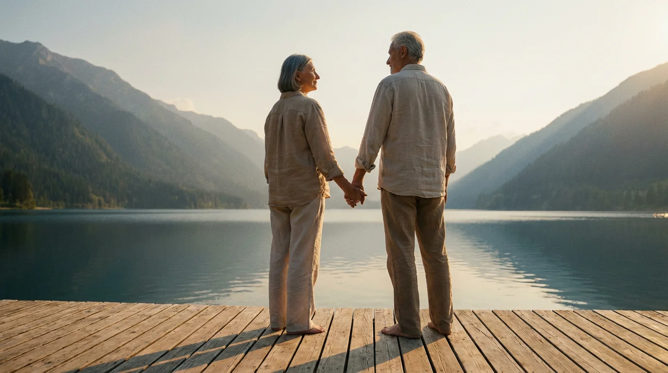 A senior couple enjoying a mountain lake view from a deck at golden hour.