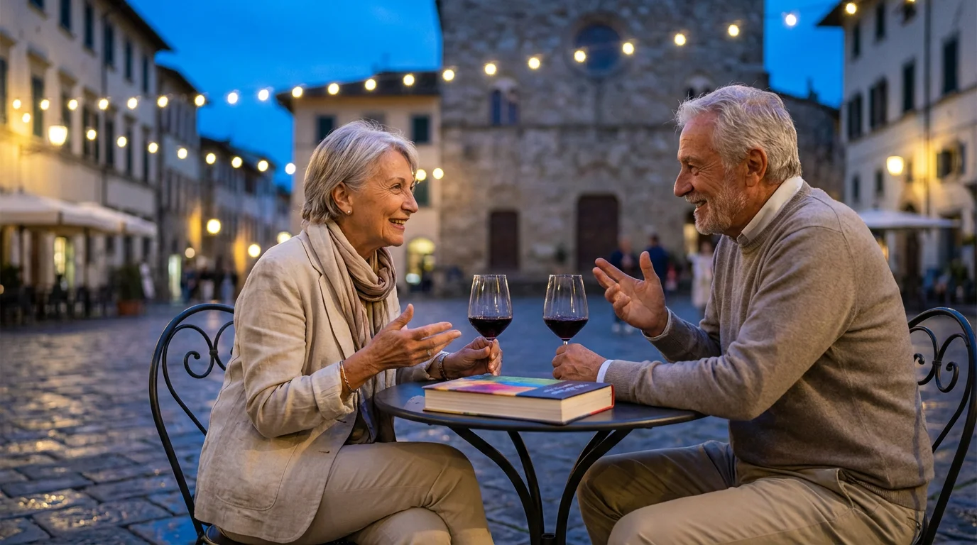A senior couple enjoys wine and conversation at an outdoor Italian cafe at twilight.