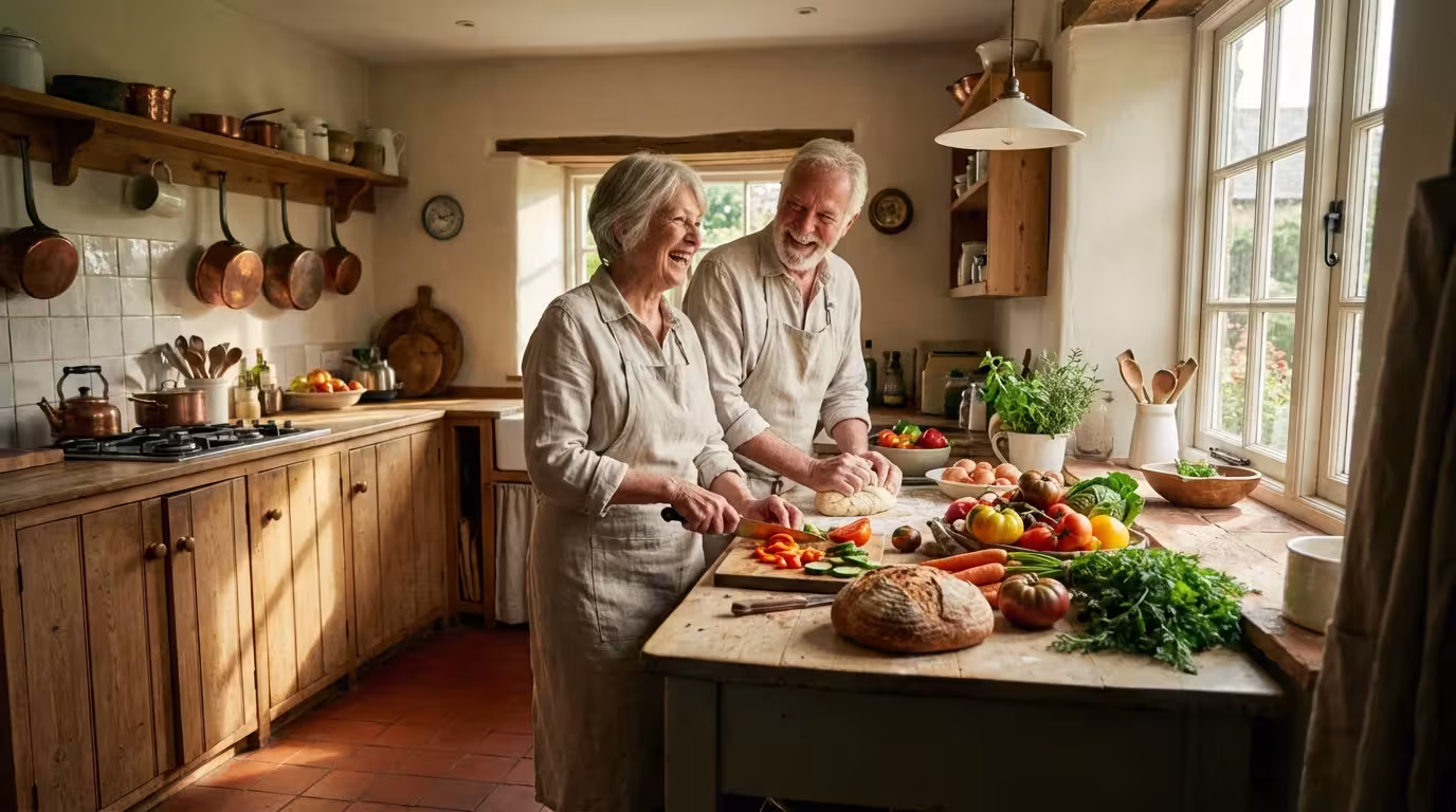 A senior couple happily cooking together with fresh ingredients in a rustic, sunlit kitchen.