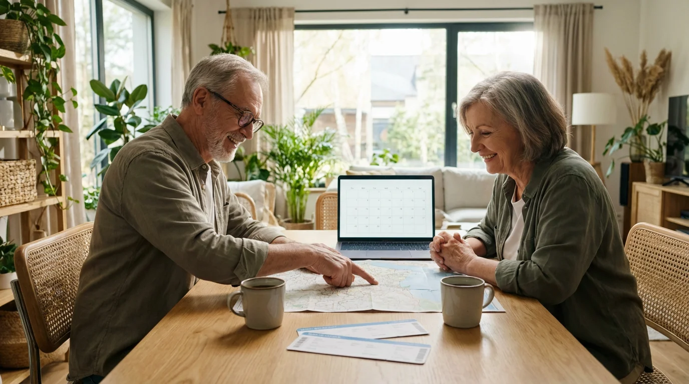 A senior couple happily planning a sports trip at home with a map and laptop.