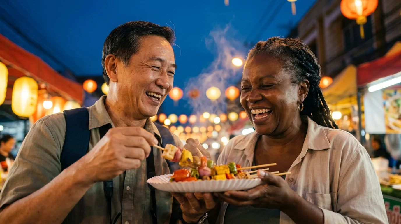 A senior couple joyfully shares a plate of street food at a bustling night market.