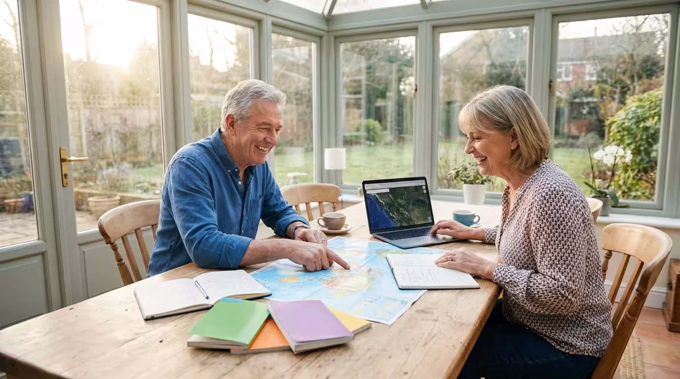 A senior couple planning a trip with maps and a laptop in a sunlit room.