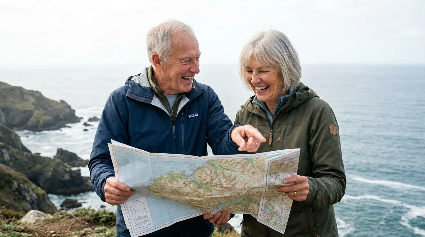 A senior couple plans an adventure, looking at a map on a coastal overlook.