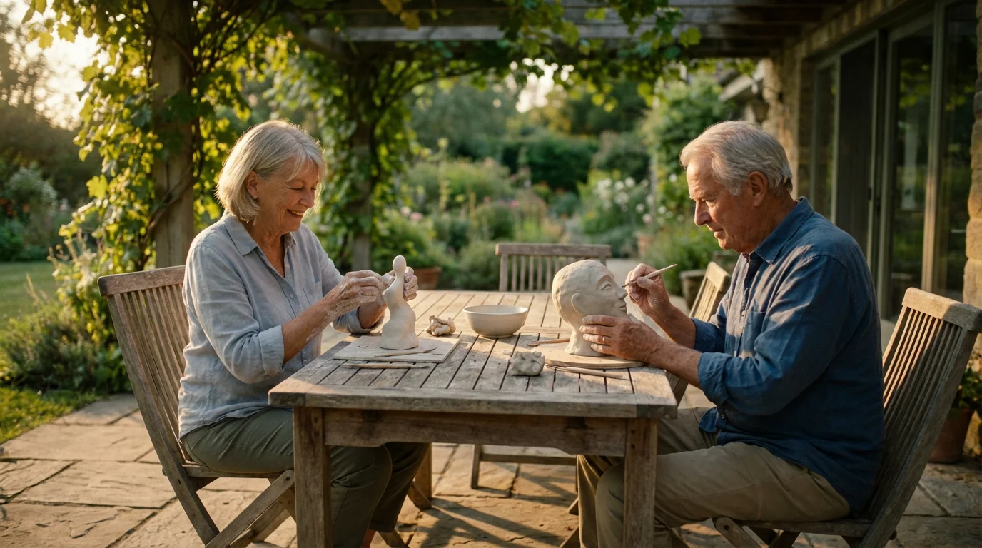 A senior couple sculpting with clay in their garden during a warm golden hour sunset.